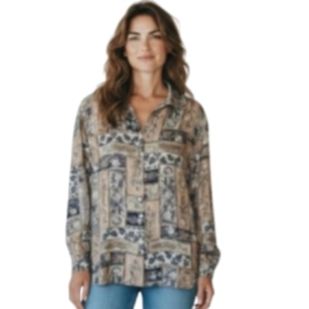 Casual Corner 100% Silk Floral Patchwork Vibe Blouse Size L Brown/Blue/Green - Picture 7 of 10